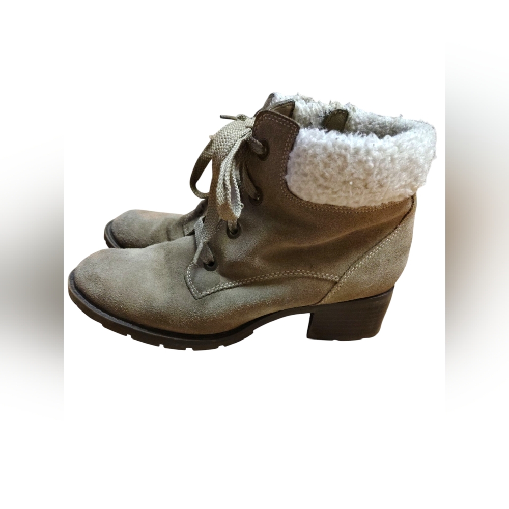 Sporto Taupe Suede Lace-Up Ankle Boots - Sherpa Collar - Size 7.5